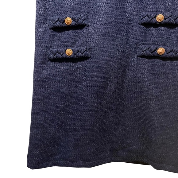 Navy Blue Tweed Jackie Dress Short Sleeve Gold Button Knee Length Braided Trim M - Picture 4 of 10